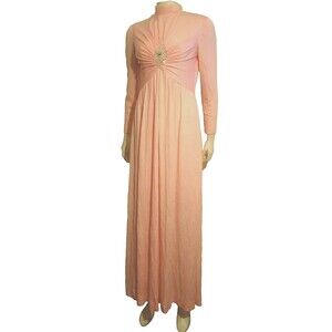 VTG 70s Empire Waist Formal Maxi Dress Stretch Jersey Knit Rhinestone size M 10